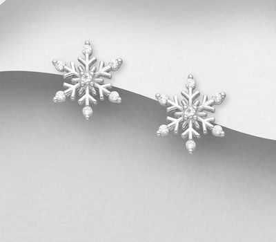 925 Sterling Silver Snowflake Push-Back Earrings, Decorated with CZ Simulated Diamonds