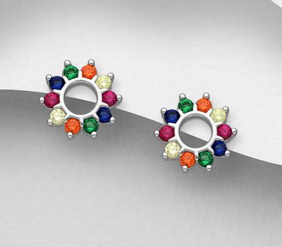925 Sterling Silver Circle Push-Back Earrings, Decorated with Colorful CZ Simulated Diamonds