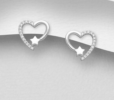 925 Sterling Silver Heart Push-Back Earrings, Featuring Star Design, Decorated with CZ Simulated Diamonds