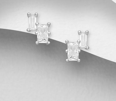 925 Sterling Silver Push-Back Earrings, Decorated with CZ Simulated Diamonds