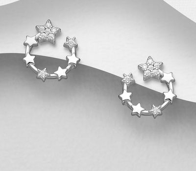 Şəkli böyütmək üçün tiklayın 925 Sterling Silver Star Push-Back Earrings, Decorated with CZ Simulated Diamonds