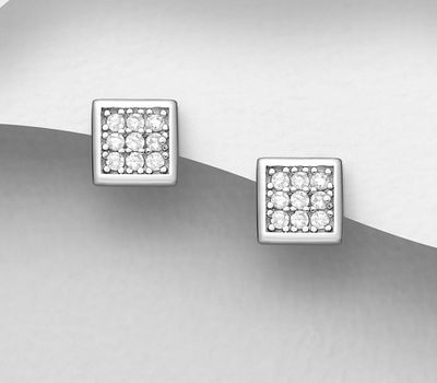 925 Sterling Silver Square Push-Back Earrings, Decorated with CZ Simulated Diamonds