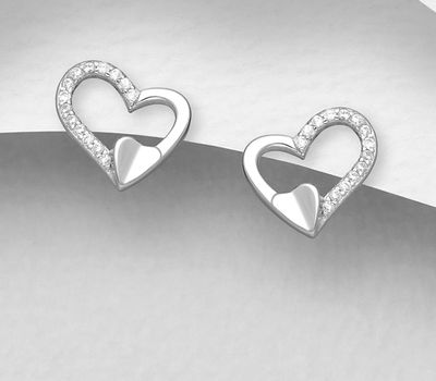 925 Sterling Silver Heart Push-Back Earrings, Decorated with CZ Simulated Diamonds