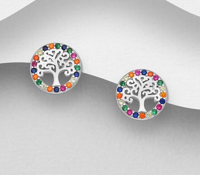 925 Sterling Silver Tree Of Life Push-Back Earrings, Decorated with Colorful CZ Simulated Diamonds, CZ Simulated Diamond Colors may Vary.