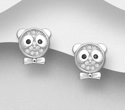 925 Sterling Silver Panda Push-Back Earrings, Decorated with CZ Simulated Diamonds
