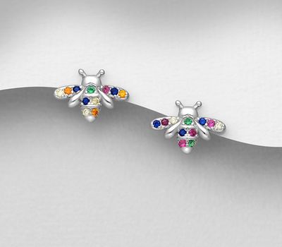 925 Sterling Silver Bee Push-Back Earrings, Decorated with Colorful CZ Simulated Diamonds