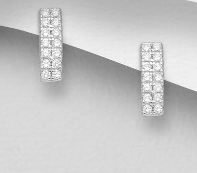 925 Sterling Silver Push-Back Bar Earrings, Decorated with CZ Simulated Diamonds