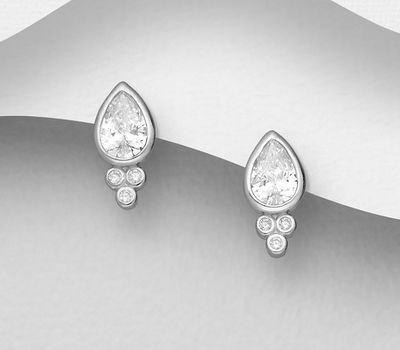 925 Sterling Silver Droplet Push-Back Earrings, Decorated with CZ Simulated Diamonds