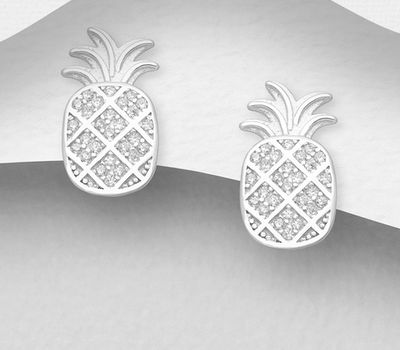 925 Sterling Silver Pineapple Push-Back Earrings Decorated with CZ Simulated Diamonds