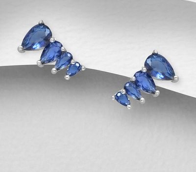 925 Sterling Silver Push-Back Earrings, Decorated with Blue or Violet Red CZ Simulated Diamonds