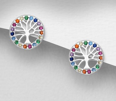 925 Sterling Silver Tree of Life Push-Back Earrings, Decorated with CZ Simulated Diamonds, Colors may Vary.