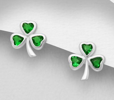 925 Sterling Silver Shamrock Push-Back Earrings, Decorated with CZ Simulated Diamond