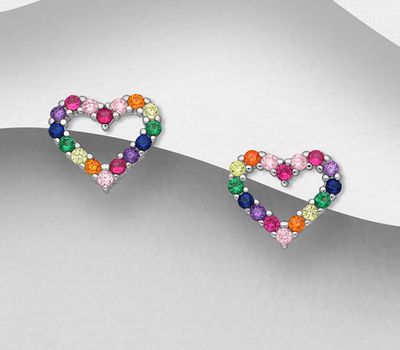 925 Sterling Silver Heart Push-Back Earrings, Decorated with Colorful CZ Simulated Diamonds, CZ Simulated Diamond Colors may Vary.