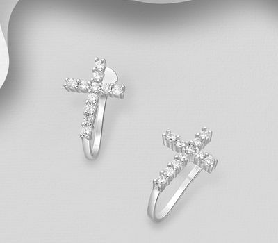 925 Sterling Silver Cross Ear Cuffs Decorated with CZ Simulated Diamonds