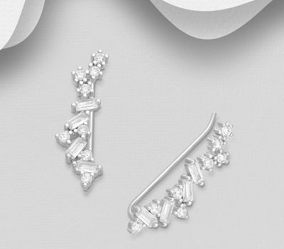 925 Sterling Silver Ear Pins, Decorated with CZ Simulated Diamonds