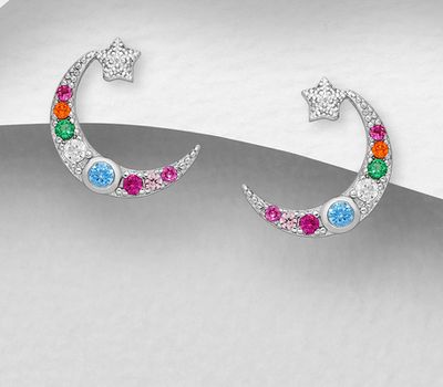 925 Sterling Silver Moon and Star Push-Back Earrings, Decorated with Colorful CZ Simulated Diamonds, CZ Simulated Diamond Colors may Vary.