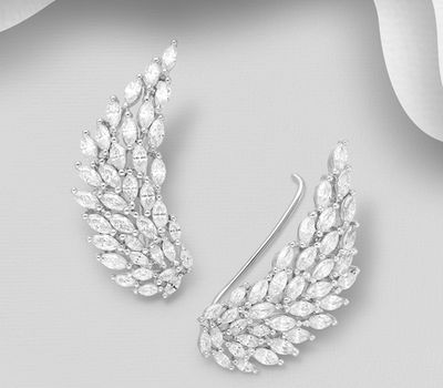 925 Sterling Silver Wings Ear Pins Decorated with CZ Simulated Diamonds