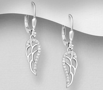 925 Sterling Silver Wings Lever Back Earrings, Decorated with CZ Simulated Diamonds