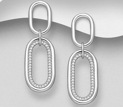 925 Sterling Silver Oval Links Earrings, Decorated with CZ Simulated Diamonds