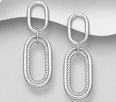 Şəkli böyütmək üçün tiklayın 925 Sterling Silver Oval Links Earrings, Decorated with CZ Simulated Diamonds