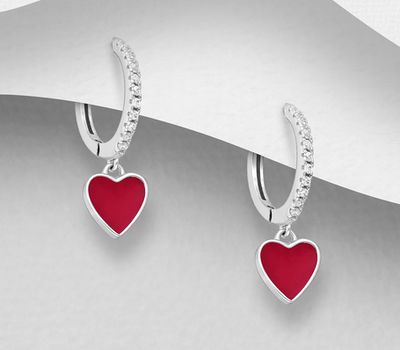 925 Sterling Silver Heart Hoop Earrings, Decorated with Colored Enamel and CZ Simulated Diamonds and Colored Enamel