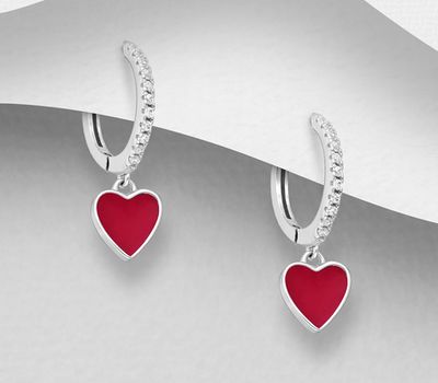 Şəkli böyütmək üçün tiklayın 925 Sterling Silver Heart Hoop Earrings, Decorated with Colored Enamel and CZ Simulated Diamonds and Colored Enamel