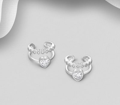 925 Sterling Silver Heart Ear Cuffs, Decorated with CZ Simulated Diamonds
