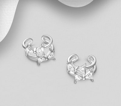 925 Sterling Silver Bow Ear Cuffs, Decorated with CZ Simulated Diamonds