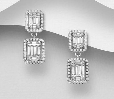 925 Sterling Silver Rectangle Push-Back Earrings, Decorated with CZ Simulated Diamonds