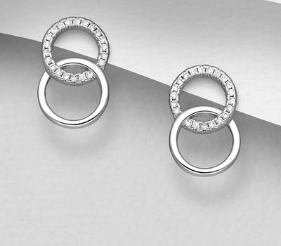 925 Sterling Silver Circle Links Push-Back Earrings, Decorated with CZ Simulated Diamonds