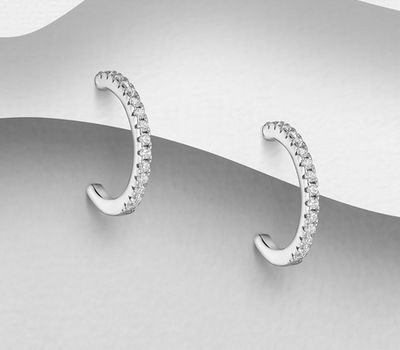 925 Sterling Silver Semi-Circle Push-Back Earrings, Decorated with CZ Simulated Diamonds