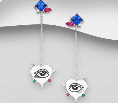 925 Sterling Silver Eye and Heart Push-Back Earrings, Decorated with Colored Enamel and Colorful CZ Simulated Diamonds, CZ Simulated Diamond Colors may Vary.