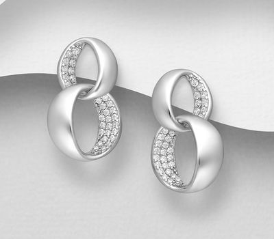 925 Sterling Silver Circle Link Push-Back Earrings, Decorated with CZ Simulated Diamonds
