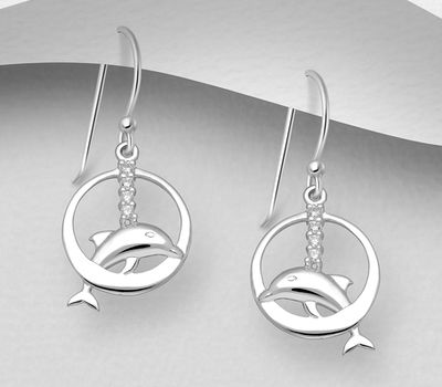 925 Sterling Silver Dolphin Hook Earrings, Decorated with CZ Simulated Diamonds