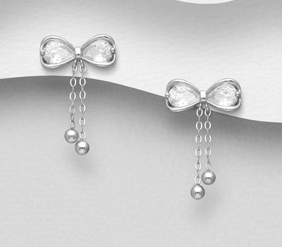 925 Sterling Silver Bow Push-Back Earrings, Decorated with CZ Simulated Diamonds