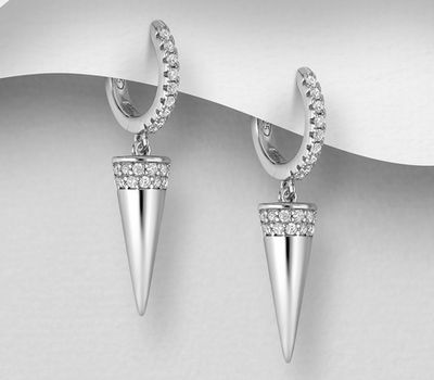 925 Sterling Silver Spike Hoop Earrings, Decorated with CZ Simulated Diamonds