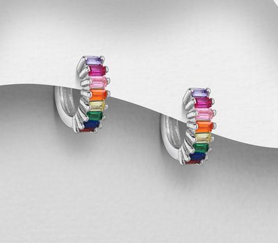 925 Sterling Silver Push-Back Earrings, Decorated with Colorful CZ Simulated Diamonds, CZ Simulated Diamond Colors may Vary.