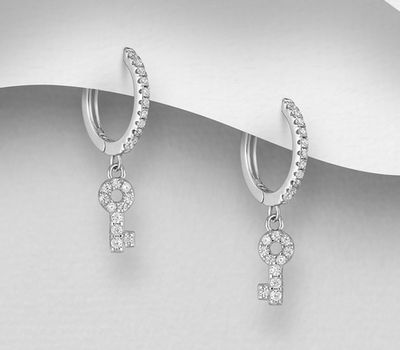 925 Sterling Silver Key Hoop Earrings, Decorated with CZ Simulated Diamonds