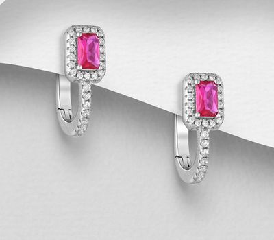 925 Sterling Silver Omega Lock Earrings, Decorated with CZ Simulated Diamonds