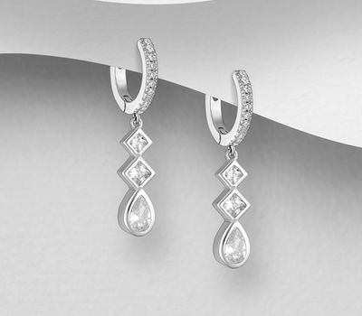 925 Sterling Silver Droplet Hoop Earrings, Featuring Rhombus Design, Decorated with CZ Simulated Diamonds