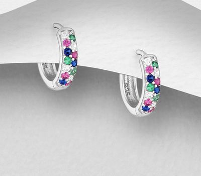 925 Sterling Silver Hoop Earrings, Decorated with CZ Simulated Diamonds, Colors may Vary.