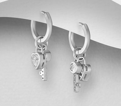925 Sterling Silver Hoop Earrings, Featuring Key and Padlock, Decorated with CZ Simulated Diamonds