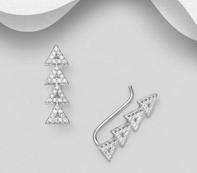 925 Sterling Silver Triangle Ear Pins, Decorated with CZ Simulated Diamonds