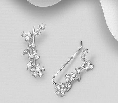 925 Sterling Silver Flower Ear Pins, Decorated with CZ Simulated Diamonds