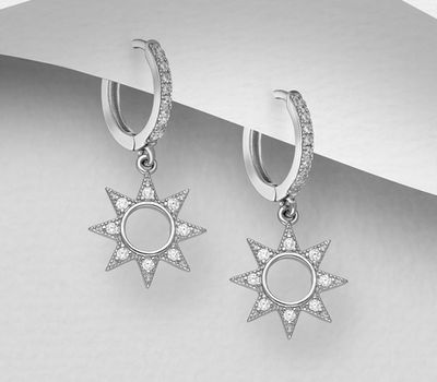 Şəkli böyütmək üçün tiklayın 925 Sterling Silver Sun Hoop Earrings, Decorated with CZ Simulated Diamonds