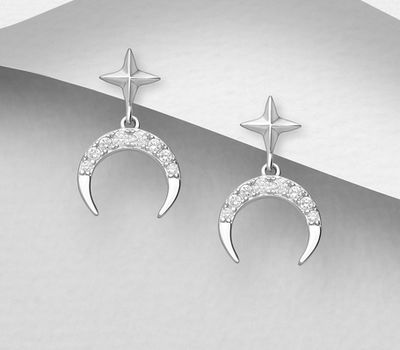 925 Sterling Silver Horn and Star Push-Back, Earrings Decorated with CZ Simulated Diamonds