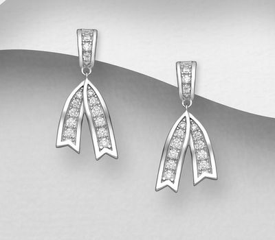 925 Sterling Silver Push-Back Ribbon Earrings, Decorated with CZ Simulated Diamonds