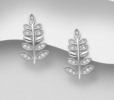 925 Sterling Silver Leaf Push-Back Earrings, Decorated with CZ Simulated Diamonds