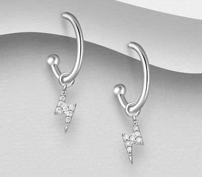 925 Sterling Silver Lightning Bolt Push-Back Earrings, Decorated with CZ Simulated Diamonds