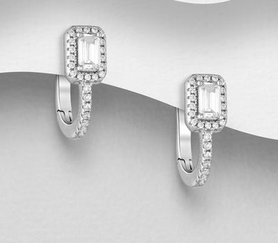 925 Sterling Silver Omega Lock Earrings Decorated with CZ Simulated Diamonds